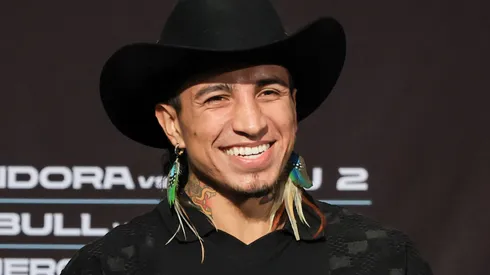 WBC welterweight champion Mario Barrios smiles as he attends a news conference at MGM Grand Hotel & Casino on July 16, 2025.