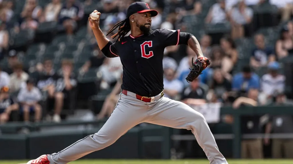 Emmanuel Clase #48 of the Cleveland Guardians delivers a pitch in the ninth inning against the Chicago White Sox at Rate Field on July 13, 2025 in Chicago, Illinois. (Photo by Griffin Quinn/Getty Images)