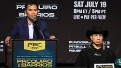 Manny Pacquiao (L) speaks as WBC welterweight champion Mario Barrios looks on during their news conference at MGM Grand Hotel & Casino on July 16, 2025.