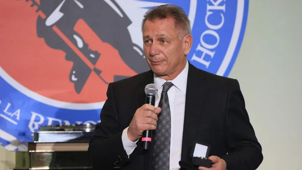 Ken Holland takes part in a press opportunity prior to his induction into the Hockey Hall of Fame at the Hockey Hall Of Fame on November 12, 2021 in Toronto, Ontario, Canada. (Photo by Bruce Bennett/Getty Images)