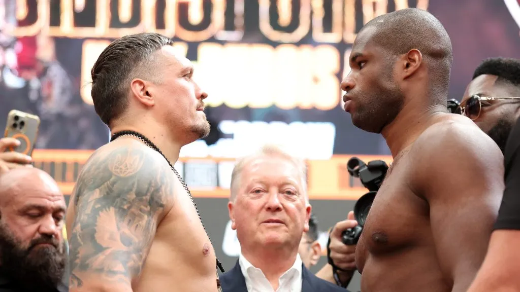 Oleksandr Usyk faces off against Daniel Dubois ahead of the IBF, IBO, WBC and WBO Heavyweight Titles Fight during the ‘Undisputed’ weigh in at BOXPARK Wembley on July 18, 2025. (Source: Richard Pelham/Getty Images)