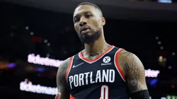 Damian Lillard #0 of the Portland Trail Blazers looks on during the first quarter against the Philadelphia 76ers.
