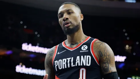 Damian Lillard #0 of the Portland Trail Blazers looks on during the first quarter against the Philadelphia 76ers.