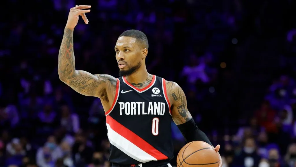 Damian Lillard #0 of the Portland Trail Blazers looks on against the Philadelphia 76ers at Wells Fargo Center on November 01, 2021. (Tim Nwachukwu/Getty Images)