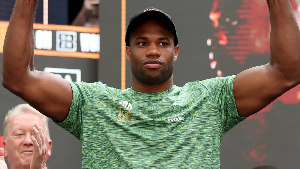 Daniel Dubois acknowledges the crowd as he steps on to the stage during the ‘Undisputed’ weigh in at BOXPARK Wembley on July 18, 2025. (Source: Richard Pelham/Getty Images)