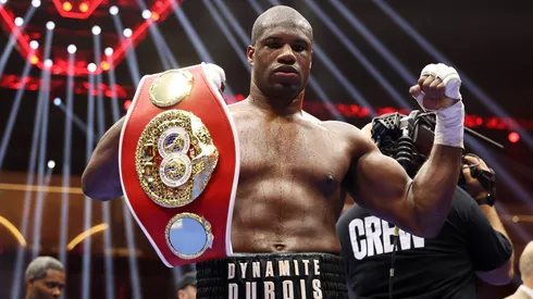 Daniel Dubois of Team Queensberry poses for a photo with his title belt after victory over Filip Hrgovic of Team Matchroom following the Heavyweight fight on the 5v5: Queensberry v Matchroom Fight Night card in 2024.