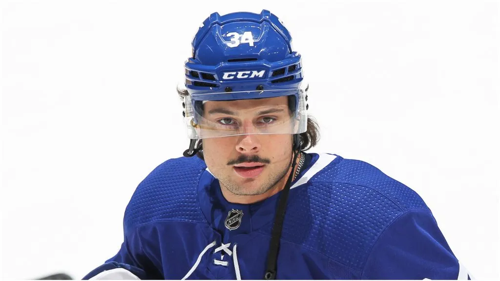 Auston Matthews #34 of the Toronto Maple Leafs stretches during warm-up prior to action against the Montreal Canadiens in an NHL game at Scotiabank Arena on April 7, 2021 in Toronto, Ontario, Canada.