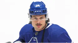 Auston Matthews #34 of the Toronto Maple Leafs stretches during warm-up prior to action against the Montreal Canadiens in an NHL game at Scotiabank Arena on April 7, 2021 in Toronto, Ontario, Canada.