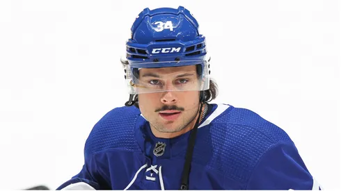 Auston Matthews #34 of the Toronto Maple Leafs stretches during warm-up prior to action against the Montreal Canadiens in an NHL game at Scotiabank Arena on April 7, 2021 in Toronto, Ontario, Canada.