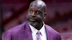 Shaquille O'Neal looks on prior to a game between the Boston Celtics and Miami Heat at Kaseya Center on May 21, 2023 in Miami, Florida.