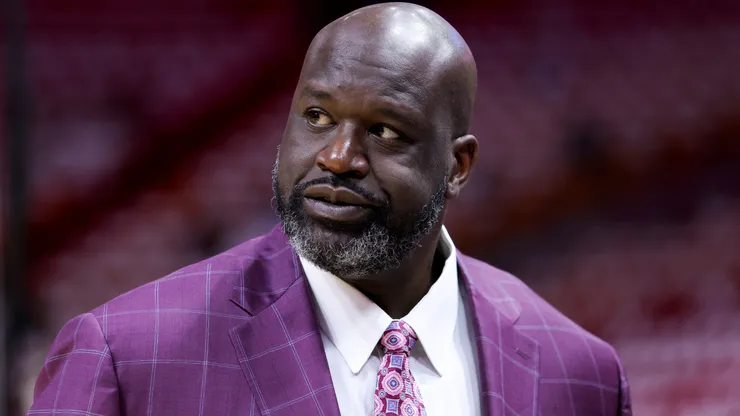 Shaquille O'Neal looks on prior to a game between the Boston Celtics and Miami Heat at Kaseya Center on May 21, 2023 in Miami, Florida.