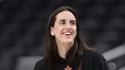 Caitlin Clark #22 of the Indiana Fever reacts during the 2025 AT&T WNBA All-Star practice sessions at Gainbridge Fieldhouse on July 18, 2025 in Indianapolis, Indiana.