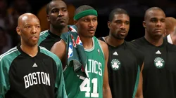 Sam Cassell #28, Kendrick Perkins #43, James Posey #41, Leon Powe #0, Glen Davis #11 and Tony Allen #42 of the Boston Celtics watch the Celtics' loss to the Los Angeles Lakers in Game Three of the 2008 NBA Finals on June 10, 2008.
