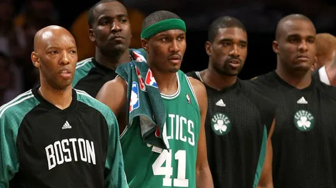 Sam Cassell #28, Kendrick Perkins #43, James Posey #41, Leon Powe #0, Glen Davis #11 and Tony Allen #42 of the Boston Celtics watch the Celtics' loss to the Los Angeles Lakers in Game Three of the 2008 NBA Finals on June 10, 2008.