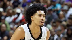 Dylan Harper #2 of the San Antonio Spurs defends against the Dallas Mavericks in the first half of a 2025 NBA Summer League