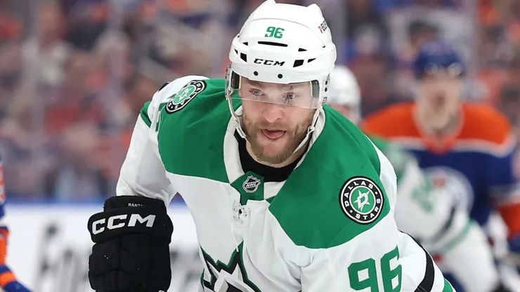 Mikko Rantanen #96 of the Dallas Stars plays the puck against the Edmonton Oilers during the first period in Game Four of the Western Conference Final of the 2025 Stanley Cup Playoffs at Rogers Place on May 27, 2025 in Edmonton, Alberta, Canada.