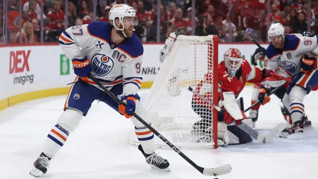 onnor McDavid #97 of the Edmonton Oilers skates with the puck in Game Six of the 2025 Stanley Cup Finals at Amerant Bank Arena on June 17, 2025 in Sunrise, Florida. (Photo by Christian Petersen/Getty Images)