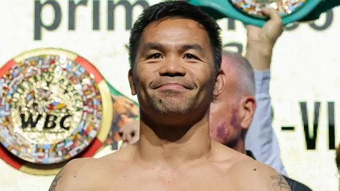 Manny Pacquiao poses during a ceremonial weigh-in at MGM Grand Garden Arena on July 18, 2025 in Las Vegas, Nevada. Pacquiao, who announced he was coming out of retirement nearly four years after his last fight, is scheduled to challenge WBC welterweight champion Mario Barrios for his title on July 19 at MGM Grand Garden Arena.
