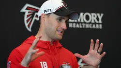 Quarterback Kirk Cousins #18 of the Atlanta Falcons speaks to the media during OTA offseason workouts at the Atlanta Falcons training facility on May 14, 2024 in Flowery Branch, Georgia.