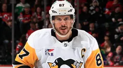 Sidney Crosby #87 of the Pittsburgh Penguins skates against the New Jersey Devils at Prudential Center on April 11, 2025 in Newark, New Jersey.