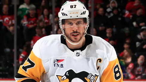 Sidney Crosby #87 of the Pittsburgh Penguins skates against the New Jersey Devils at Prudential Center on April 11, 2025 in Newark, New Jersey.