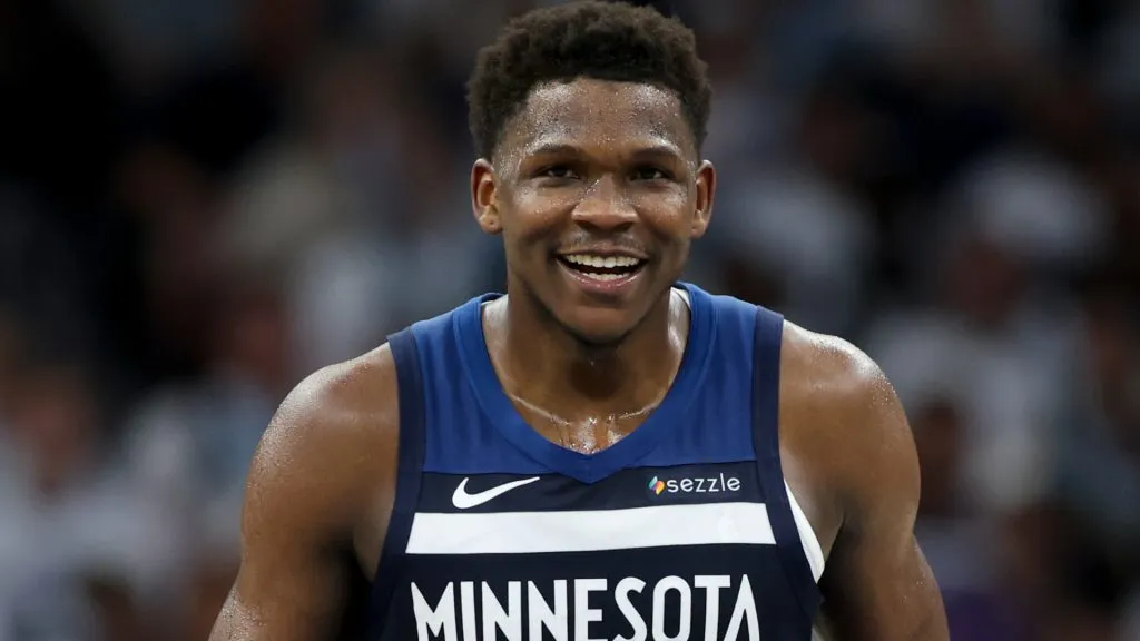 Anthony Edwards #5 of the Minnesota Timberwolves reacts after scoring during the third quarter of Game Five of the Western Conference Second Round NBA Playoffs against the Golden State Warriors at Target Center on May 14, 2025 in Minneapolis, Minnesota.