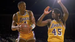 Byron Scott #4 of the Los Angeles Lakers grabs a rebound during an NBA game against the Houston Rockets at the Great Western Forum in Los Angeles.