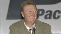 Coach Larry Bird of the Indiana Pacers speaks to reporters during a press conference in Indianapolis, Indiana.