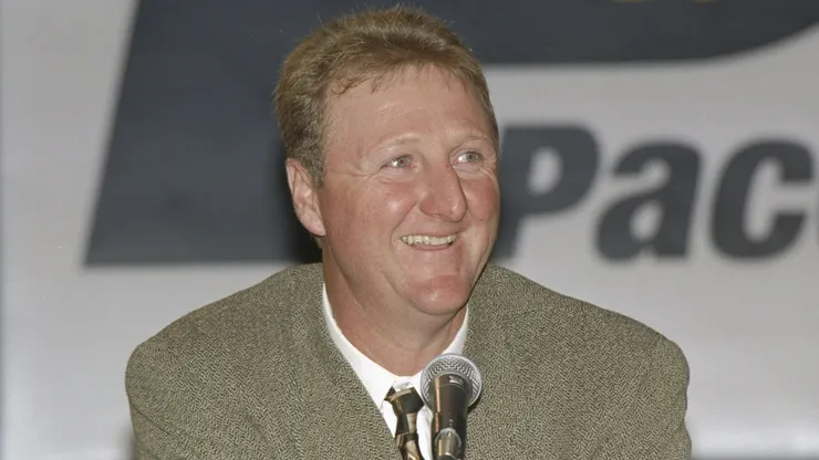 Coach Larry Bird of the Indiana Pacers speaks to reporters during a press conference in Indianapolis, Indiana.