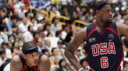 Carmelo Anthony #15 and LeBron James #6 of US wait for the free throw of Greece before the game ended during the FIBA World Championship 2006 Semi-Finals