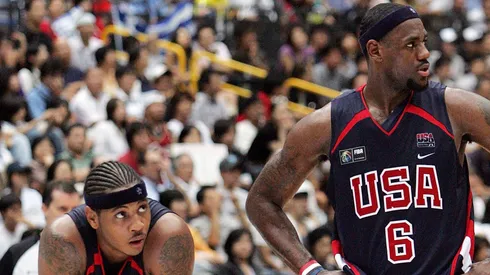 Carmelo Anthony #15 and LeBron James #6 of US wait for the free throw of Greece before the game ended during the FIBA World Championship 2006 Semi-Finals