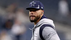 Dak Prescott #4 of the Dallas Cowboys works through pregame warm up before taking on the Atlanta Falcons at AT&T Stadium on November 14, 2021 in Arlington, Texas.