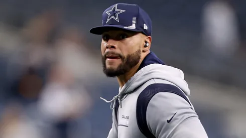 Dak Prescott #4 of the Dallas Cowboys works through pregame warm up before taking on the Atlanta Falcons at AT&T Stadium on November 14, 2021 in Arlington, Texas.