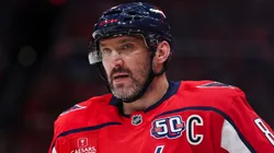 Alex Ovechkin #8 of the Washington Capitals looks on against the Montreal Canadiens during the second period in Game Five of the First Round of the 2025 Stanley Cup Playoffs at Capital One Arena on April 30, 2025 in Washington, DC.