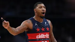 Marcus Smart #36 of the Washington Wizards looks on against the Milwaukee Bucks during the first half at Capital One Arena on February 21, 2025 in Washington, DC.