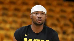 Jonathan Kuminga #00 of the Golden State Warriors warms up before their game against the Houston Rockets in Game Three of the Western Conference First Round NBA Playoffs