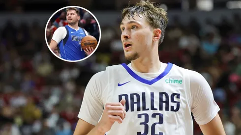 Cooper Flagg #32 of the Dallas Mavericks and Luka Doncic playing for Dallas Mavericks.
