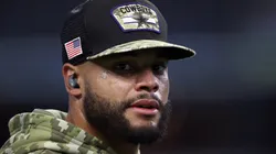 Quarterback Dak Prescott #4 of the Dallas Cowboys works through pregame warm ups before taking on the Denver Broncos at AT&T Stadium on November 07, 2021 in Arlington, Texas.