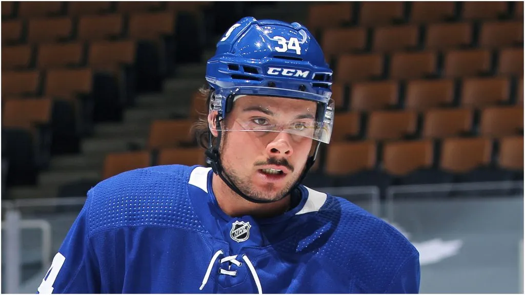 Auston Matthews #34 of the Toronto Maple Leafs looks for play to resume against the Vancouver Canucks during an NHL game at Scotiabank Arena on February 8, 2021 in Toronto, Ontario, Canada.