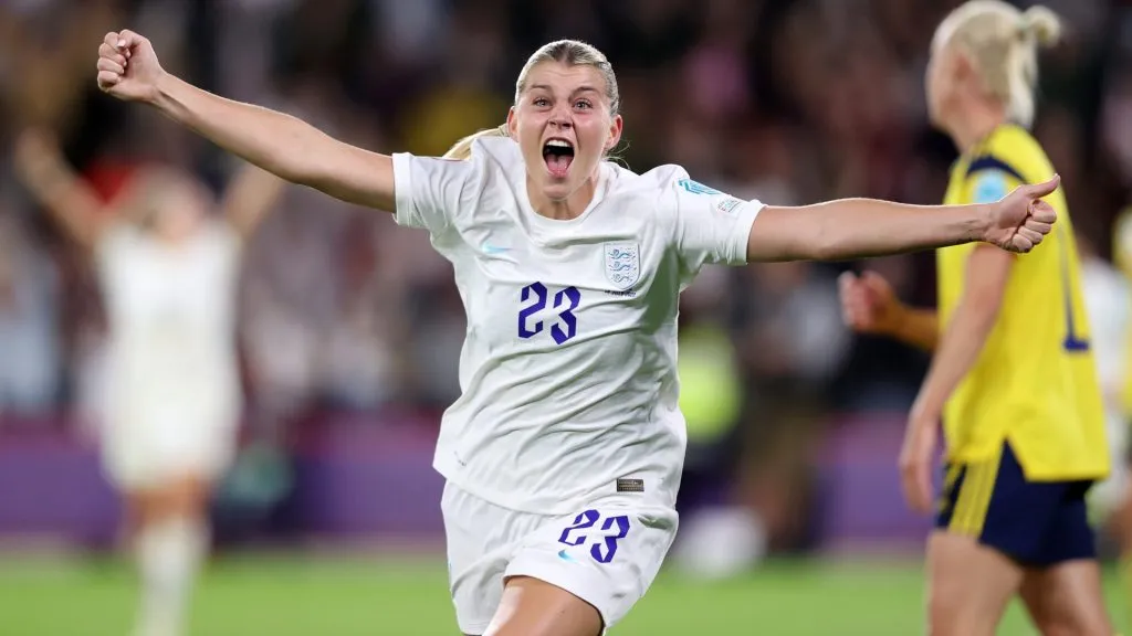 Alessia Russo of England celebrates scoring their side’s third goal during the UEFA Women’s Euro 2022 Semi Final match between England and Sweden at Bramall Lane on July 26, 2022. (Source: Naomi Baker/Getty Images)