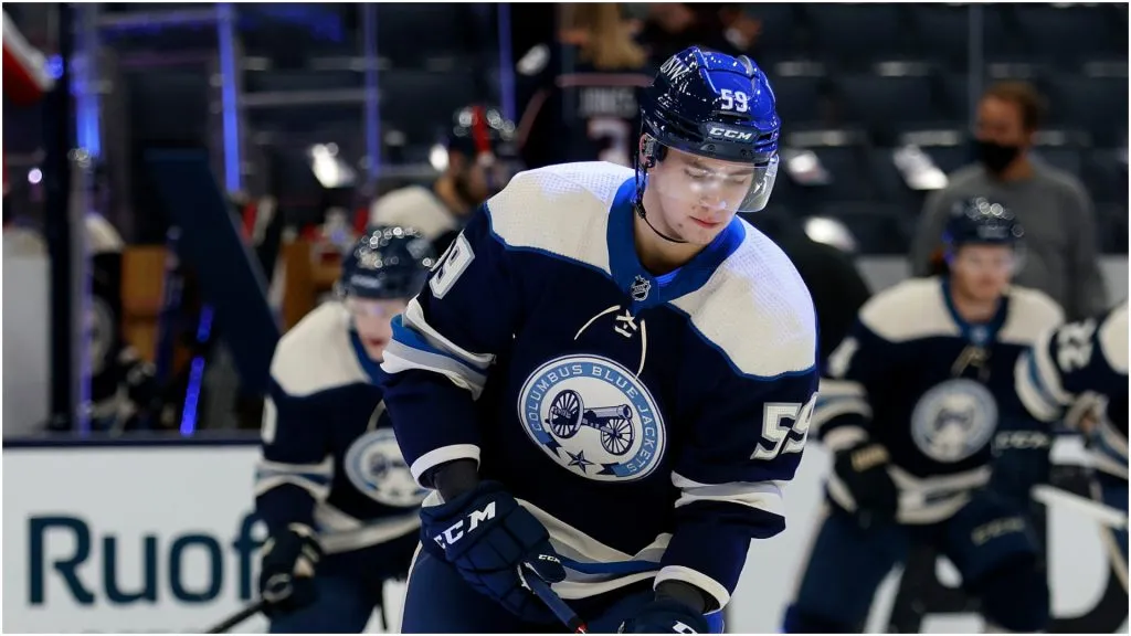 Yegor Chinakhov #59 of the Columbus Blue Jackets warms up prior to the start of the game against the Carolina Hurricanes at Nationwide Arena on October 23, 2021 in Columbus, Ohio.