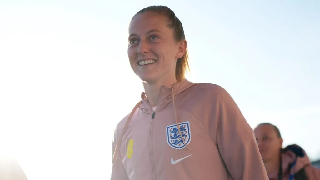Keira Walsh of England inspects the pitch prior to the UEFA Women’s Nations League 2024/25 Group A3 MD4 match between Belgium and England on April 08, 2025. (Source: Alex Bierens de Haan/Getty Images)