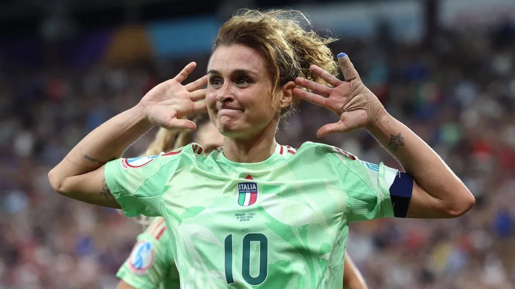 Cristiana Girelli of Italy celebrates scoring the winning goal during the UEFA Women’s EURO 2025 Quarter-Final match between Norway and Italy at Stade de Geneve on July 16, 2025. (Source: Charlotte Wilson/Getty Images)