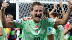 Cristiana Girelli of Italy celebrates victory and subsequent progression into the semi-finals after the UEFA Women's EURO 2025 Quarter-Final match between Norway and Italy at Stade de Geneve on July 16, 2025.