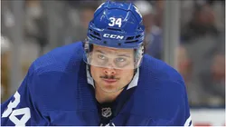Auston Matthews #34 of the Toronto Maple Leafs waits for a faceoff against the Minnesota Wild during an NHL game at Scotiabank Arena on October 15, 2019 in Toronto, Ontario, Canada.