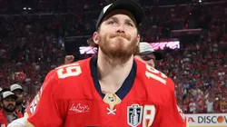 Matthew Tkachuk #19 of the Florida Panthers skates with the Stanley Cup following their win over the Edmonton Oilers following Game Six of the 2025 NHL Stanley Cup Final at Amerant Bank Arena on June 17, 2025 in Sunrise, Florida.