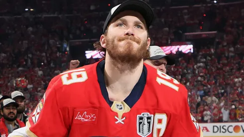 Matthew Tkachuk #19 of the Florida Panthers skates with the Stanley Cup following their win over the Edmonton Oilers following Game Six of the 2025 NHL Stanley Cup Final at Amerant Bank Arena on June 17, 2025 in Sunrise, Florida.