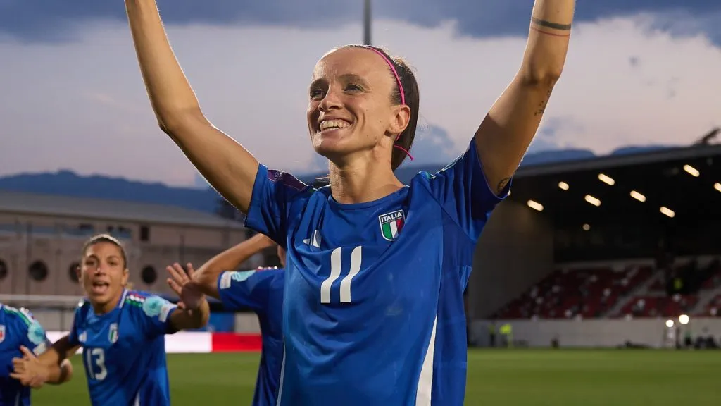 Barbara Bonansea of Italy celebrates during the Women’s EURO 2025 European Qualifiers match between Italy and Finland at Stadio Druso on July 16, 2024. (Source: Emmanuele Ciancaglini/Getty Images)