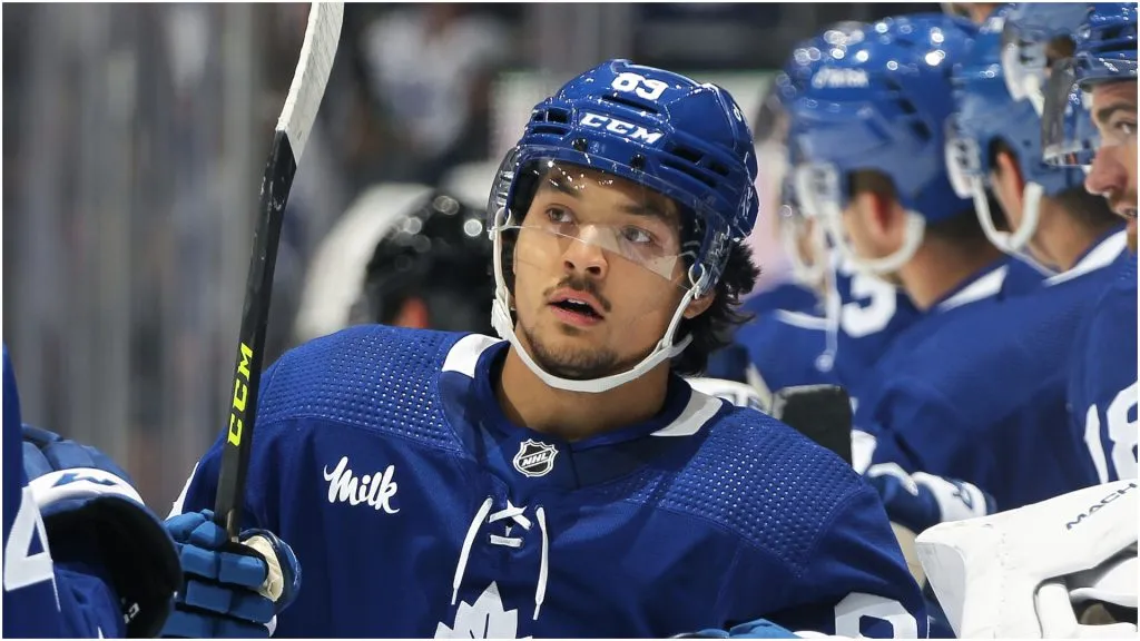 Nick Robertson #89 of the Toronto Maple Leafs celebrates a goal against the Montreal Canadiens during an NHL pre-season game at Scotiabank Arena on September 28, 2022 in Toronto, Ontario, Canada.