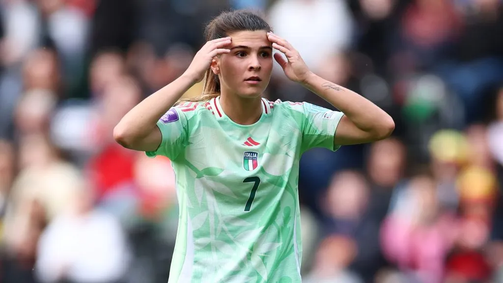 Sofia Cantore of Italy reacts during the UEFA Women’s Nations League 2024/25 Grp A4 MD6 match between Wales and Italy at Swansea.com Stadium on June 03, 2025. (Source: Dan Istitene/Getty Images)